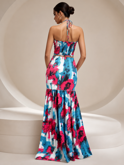 Tie Dye Crop & Skirt Coord Set by SR Store, 2-piece halter-top crop and long blue-pink-white printed skirt.