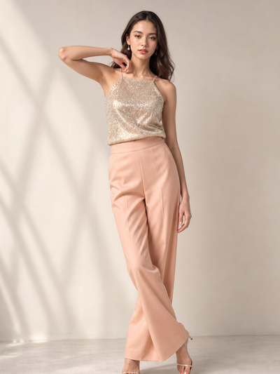 Rhinestone mesh halter top by SR Store in champagne gold