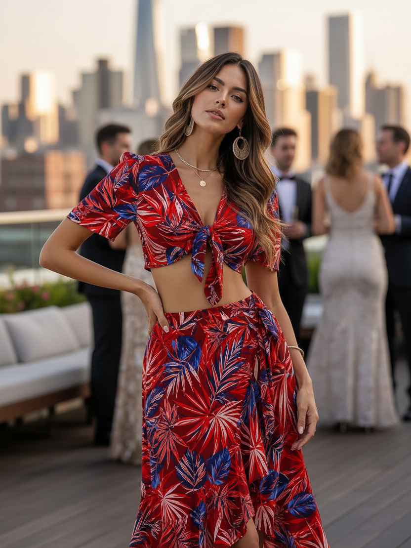 2-piece Tropical Print Ruffle Skirt Set by SR Store; red and blue tie-front crop top with matching wrap skirt