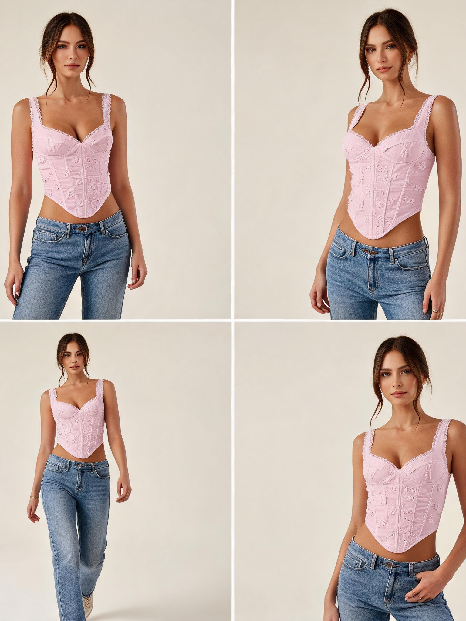 Bloom Lace Corset Tank by Exclusives, pink lace tank top with corset-style detailing.