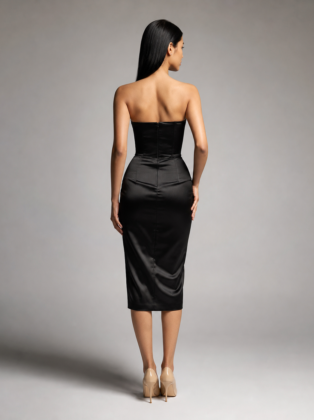 Black satin tube dress, strapless, knee-length with back zipper, SR Store