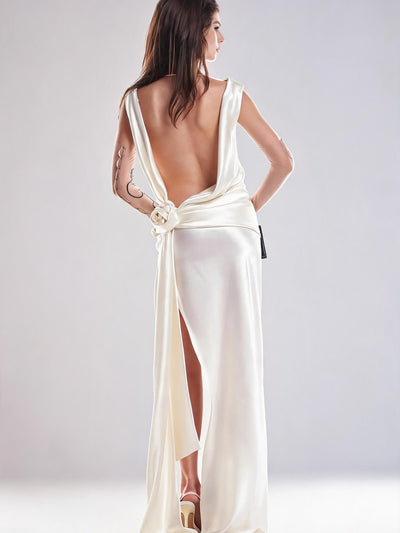 3d Rose Applique Backless Slit Maxi Dress by Exclusives, ivory satin with waist bow and back slit