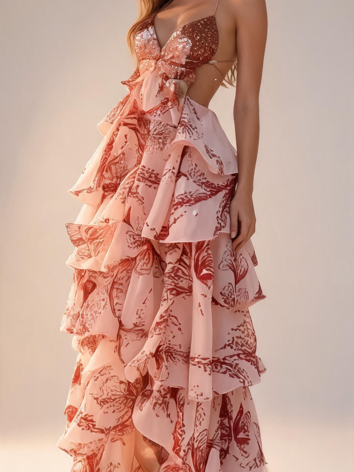 Printed Blush Butterfly Tiered Ruffle Maxi Dress with sequin bodice