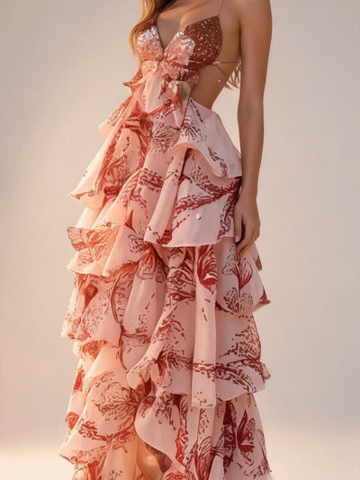 Printed Blush Butterfly Tiered Ruffle Maxi Dress with sequin bodice