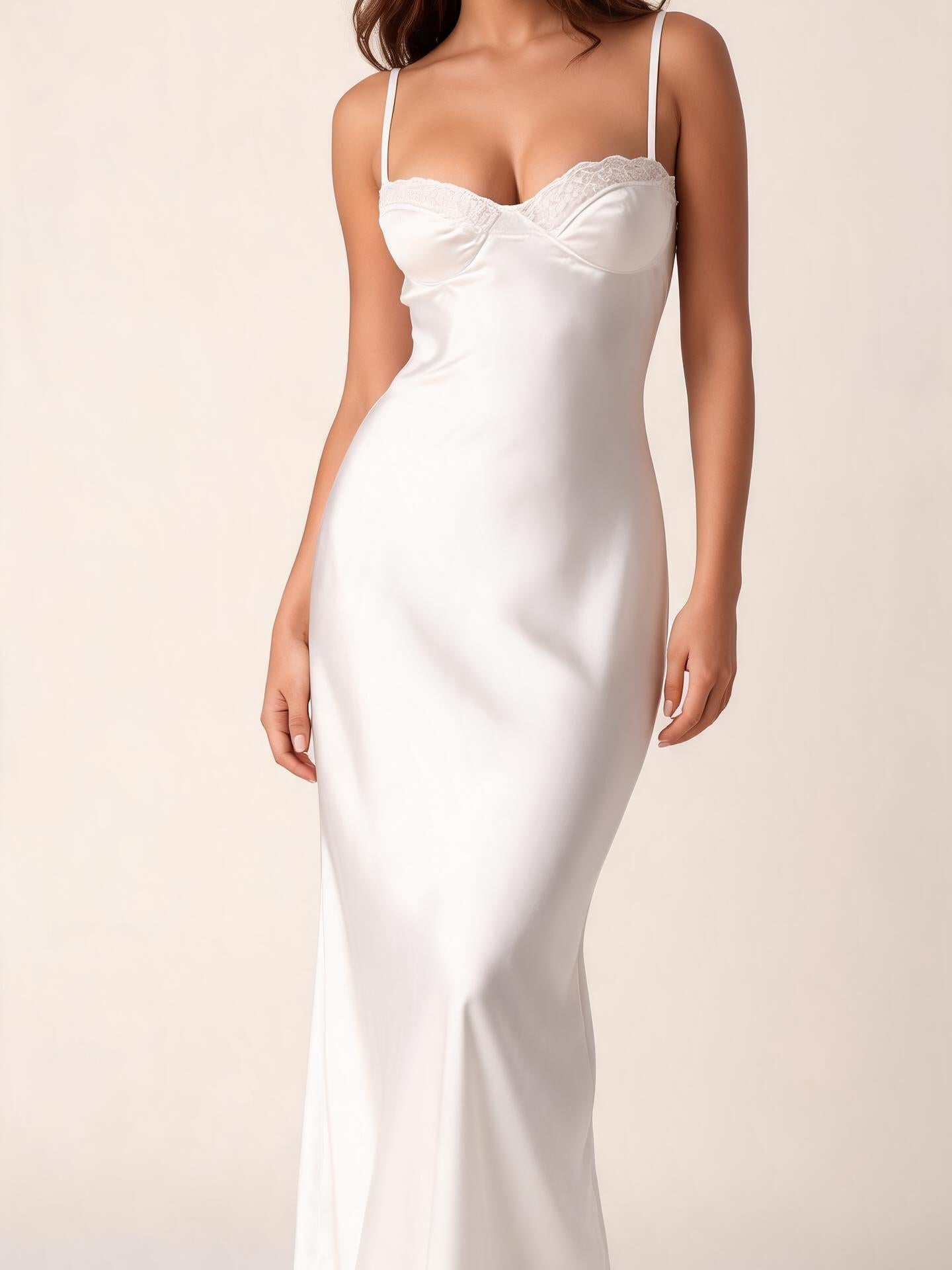 Spaghetti Strap Lace Patchwork Satin Dress, white satin with lace patchwork bodice, EXCLUSIVES on sale