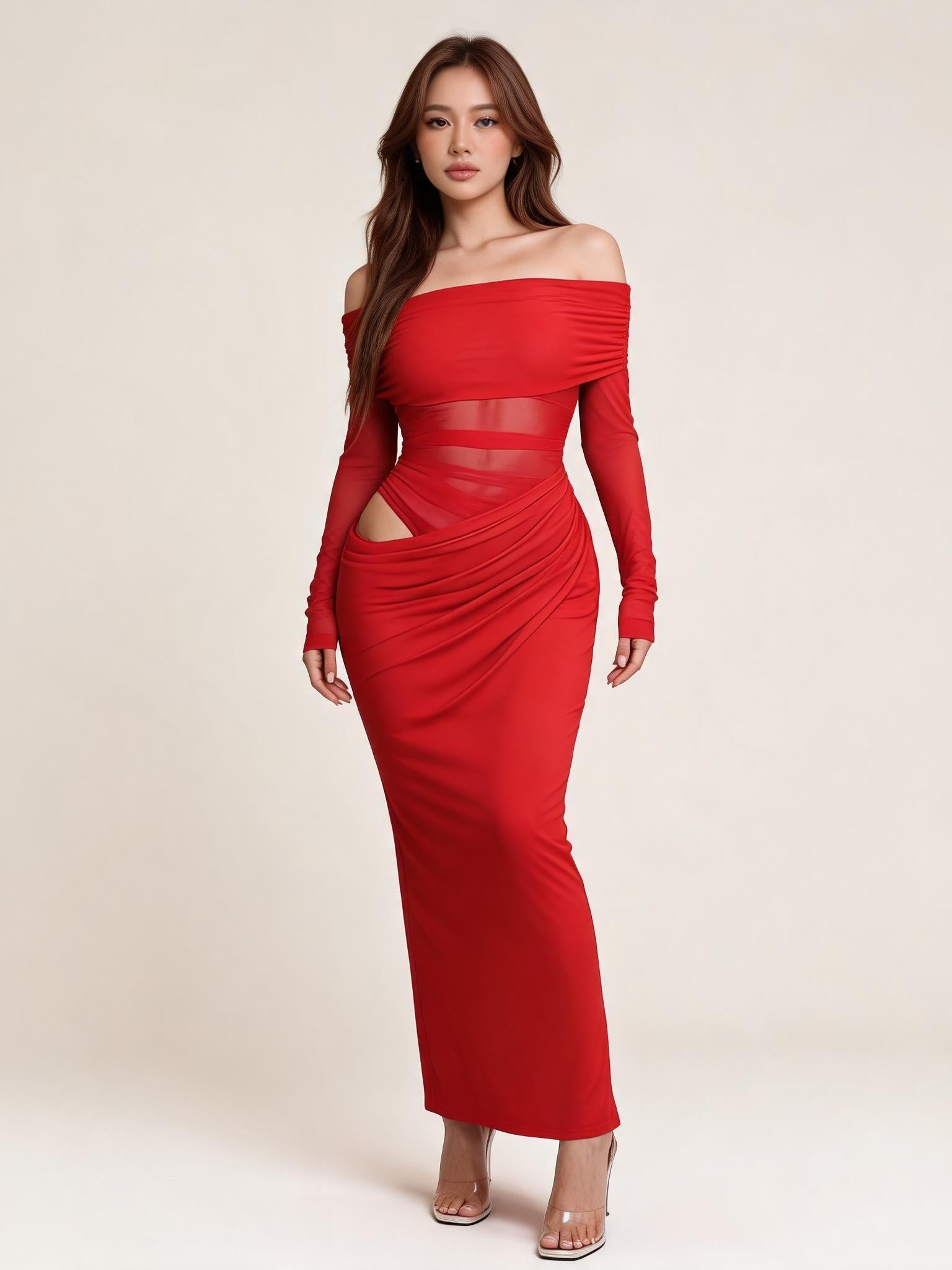 Off-shoulder red maxi dress with sheer waist cutout on model