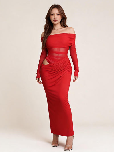 Off-shoulder red maxi dress with sheer waist cutout on model