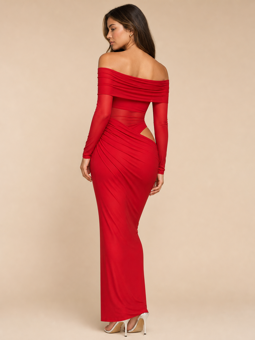 Off-Shoulder Cutout Maxi Dress by EXCLUSIVES, red fabric with ruched draping and waist cutout