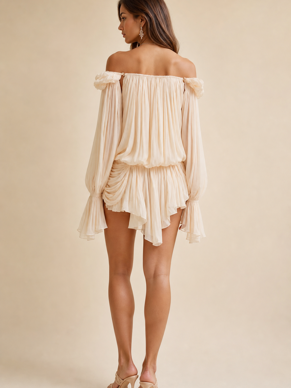 Ethereal Drape Mini Dress by Exclusives in ivory chiffon, off-shoulder with long puff sleeves