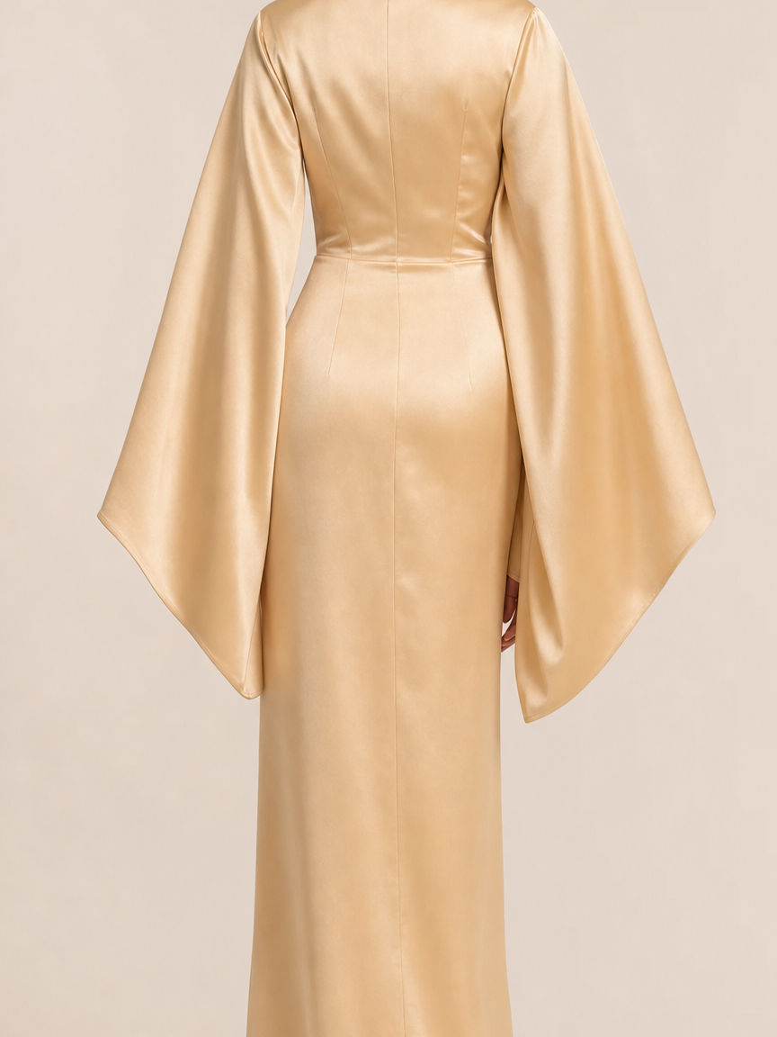 Bell Sleeve Satin Slit Maxi Dress in champagne gold satin by Exclusives