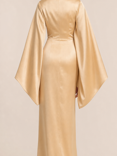 Bell Sleeve Satin Slit Maxi Dress in champagne gold satin by Exclusives