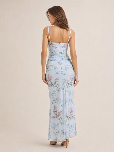 Sky Blue Floral Ruched Split Maxi Dress by Exclusives, dresses on sale