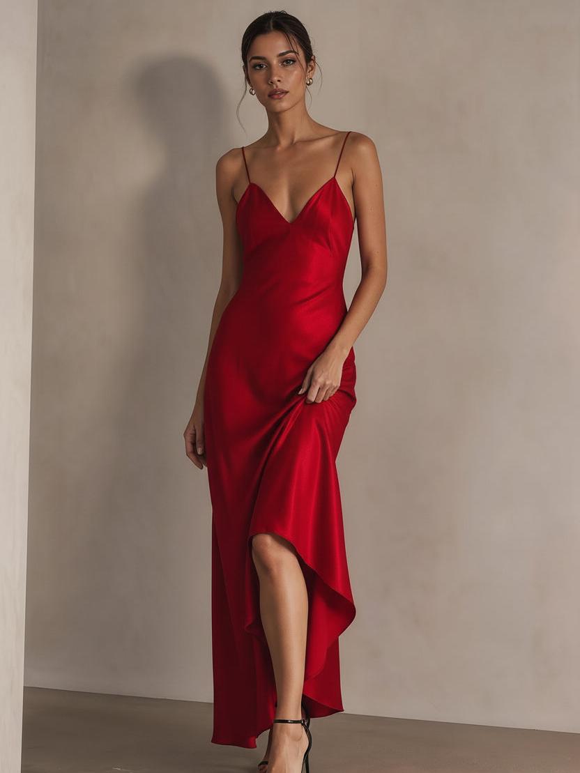Spaghetti-strap red satin maxi dress by EXCLUSIVES; backless, high-low hem, on sale