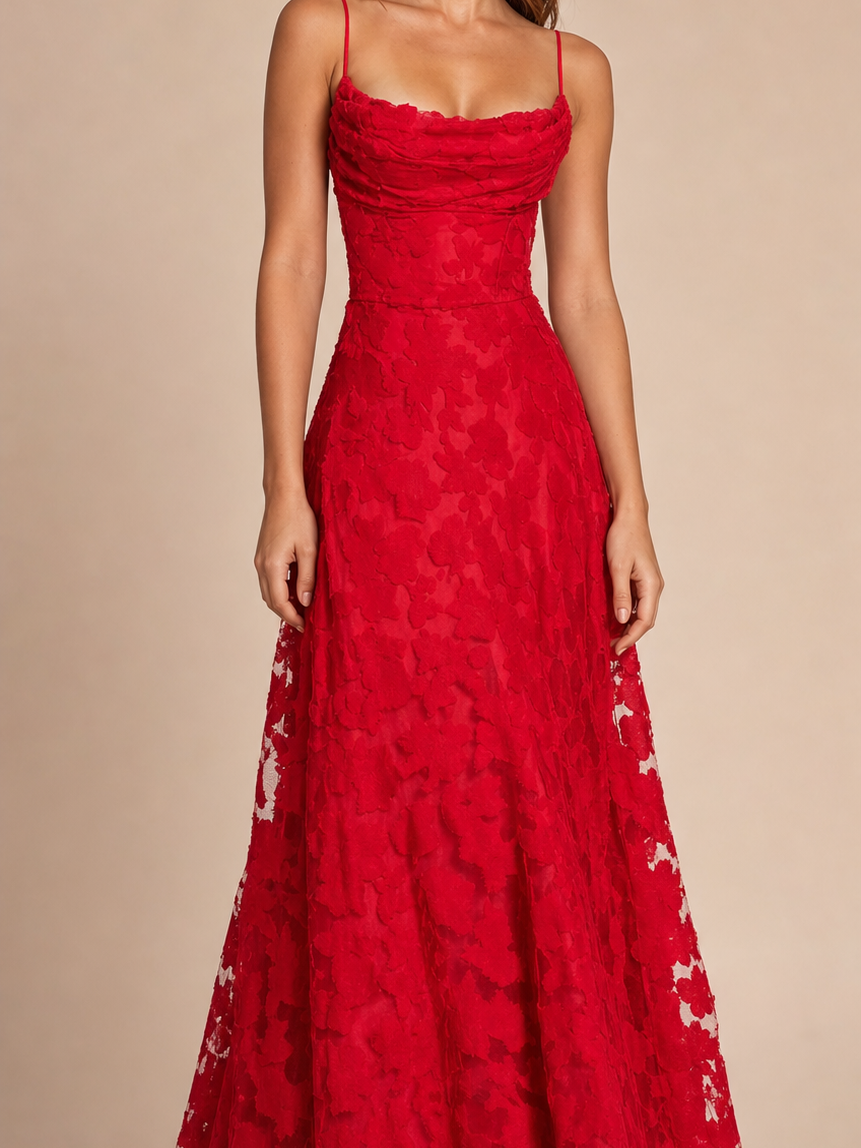 Red floral appliqué lace maxi dress with cowl neck and spaghetti straps.