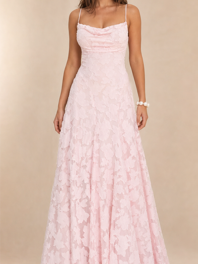 Floral Appliqué Cowl Neck Lace-Up Back Maxi Dress, pink lace by Exclusives, spaghetti straps.