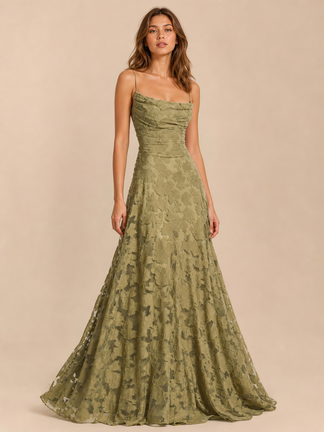Floral Appliqué Cowl Neck Lace-Up Back Maxi Dress by Exclusives in olive-green
