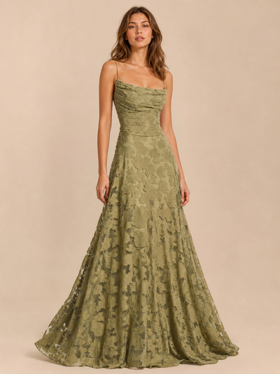Floral Appliqué Cowl Neck Lace-Up Back Maxi Dress by Exclusives in olive-green