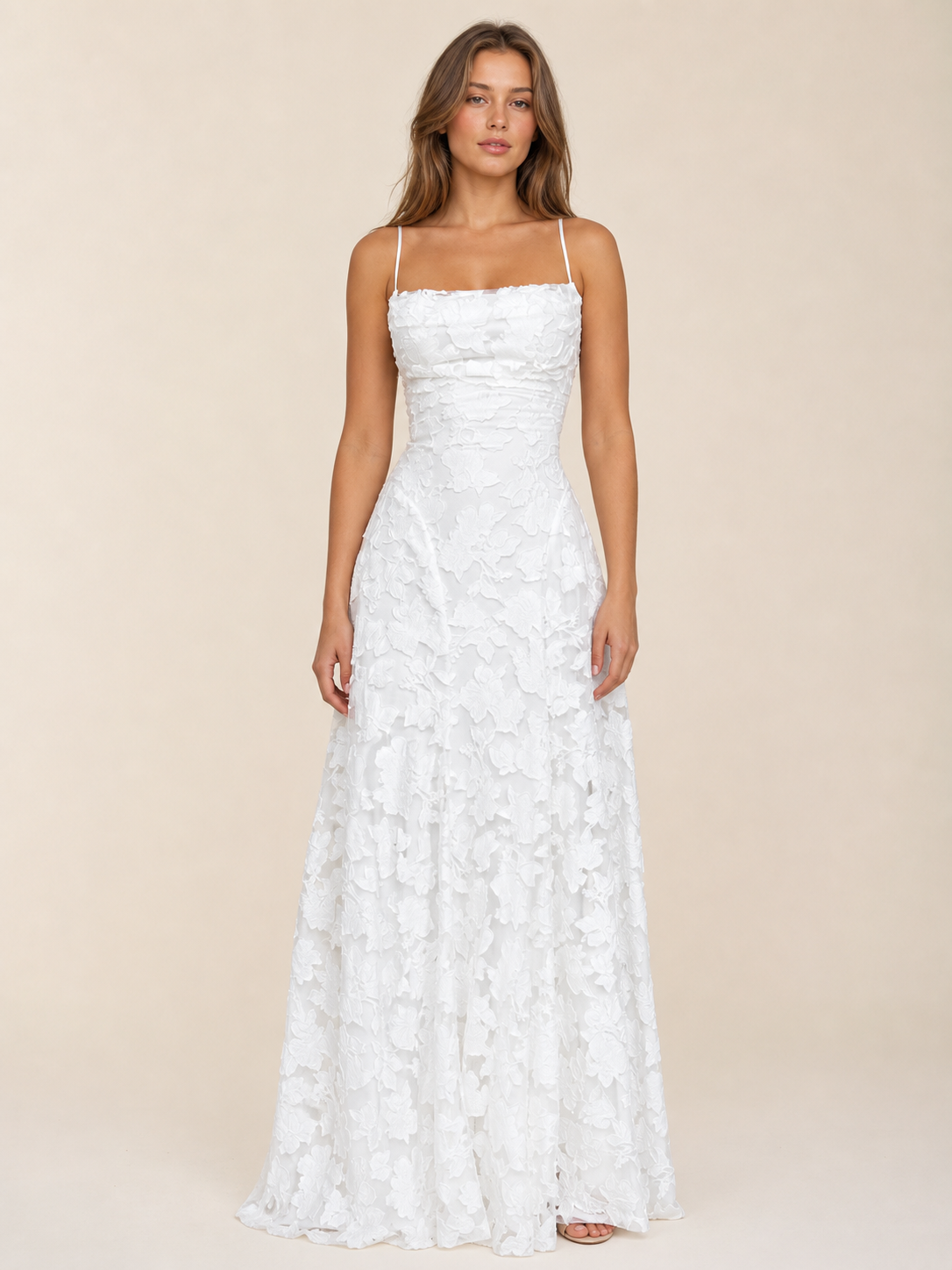 Floral Appliqué Cowl Neck Lace-Up Back Maxi Dress by Exclusives; white dress on sale