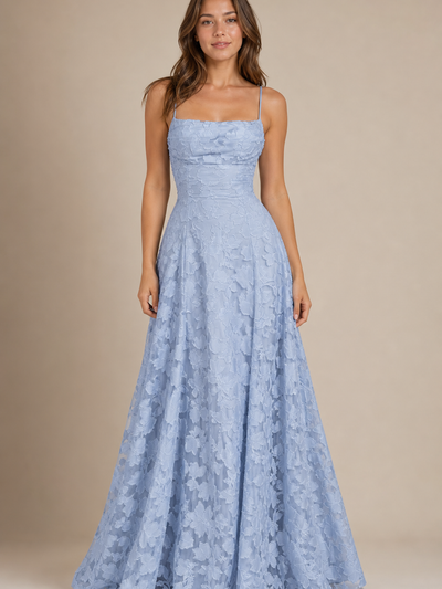 Floral Appliqué Cowl Neck Lace-Up Back Maxi Dress in light blue by Exclusives, Dresses on Sale