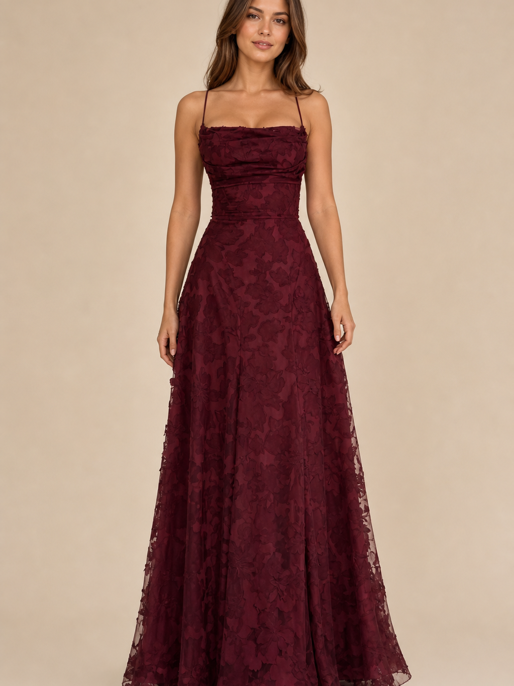 Exclusives Floral Appliqué Cowl Neck Lace-Up Back Maxi Dress on sale, burgundy lace with spaghetti straps