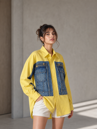 Denim Patch Cotton Shirt Dress in yellow with blue denim patch pockets, by Exclusives