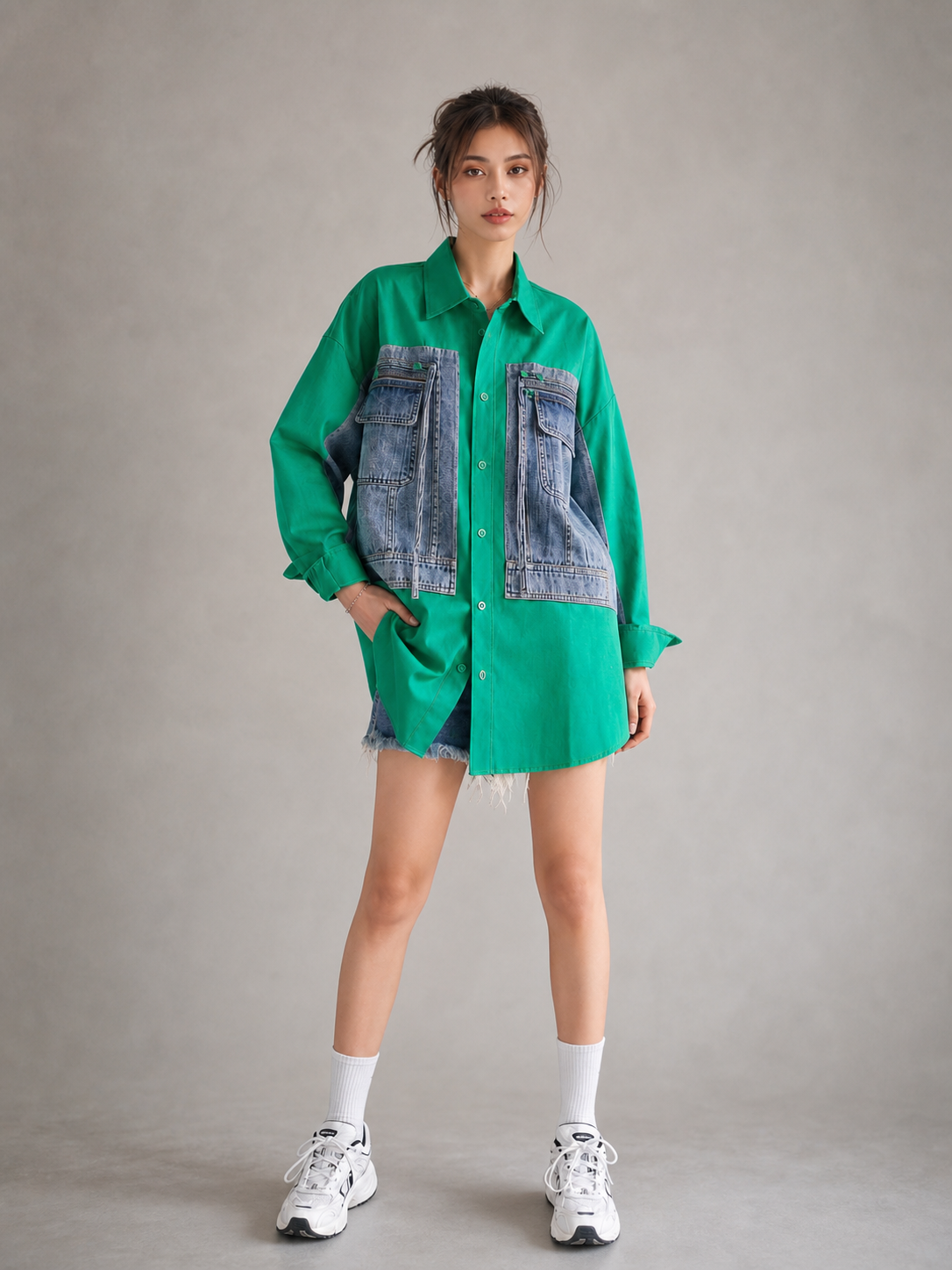 Denim Patch Cotton Shirt Dress, green with blue denim patch pockets, Exclusives, on sale