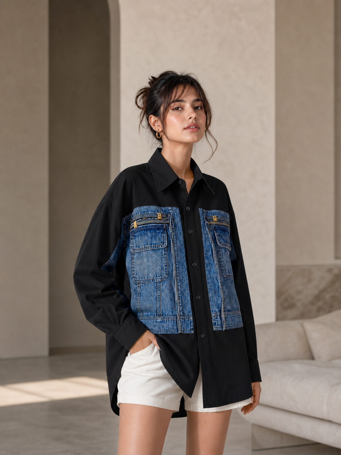 Denim Patch Cotton Shirt Dress by Exclusives; black shirt with blue denim front patches and pockets