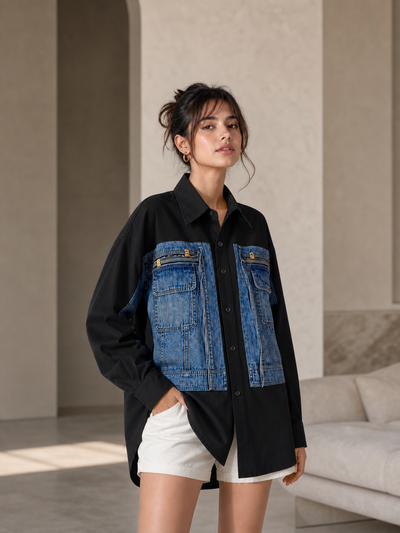 Denim Patch Cotton Shirt Dress by Exclusives; black shirt with blue denim front patches and pockets