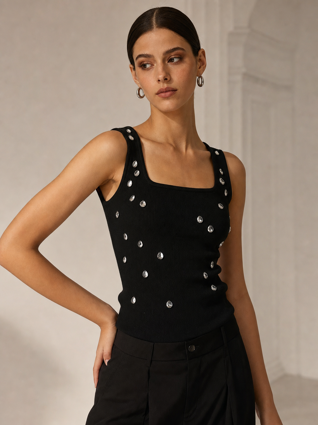 Crystal Drop Ribbed Crop Top, black ribbed tank top with crystal embellishments.