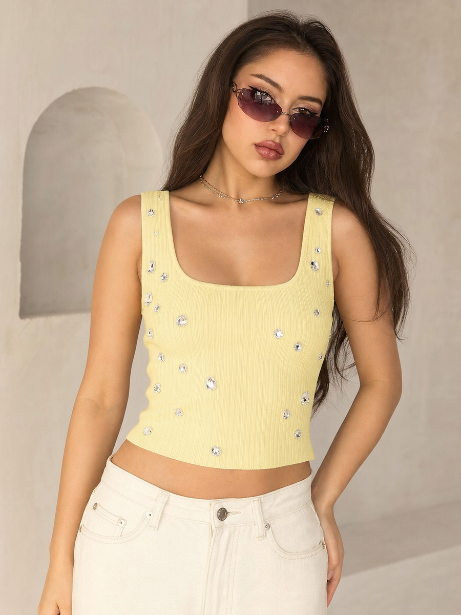 Crystal Drop Ribbed Crop Top, pale yellow with crystal embellishments, tank top