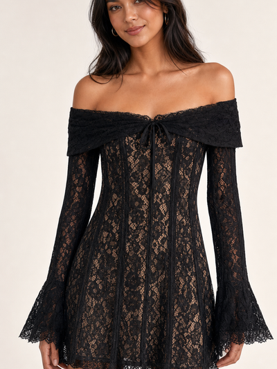 Off-shoulder floral lace short dress with bell sleeves in black by EXCLUSIVES