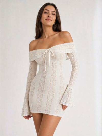 Off Shoulder Bell Sleeves Floral Lace Short Dress by EXCLUSIVES; ivory lace, dresses on sale