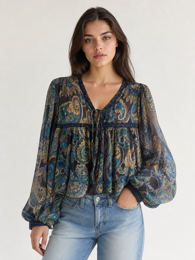 Floral Print Ruffle Blouse by EXCLUSIVES, sheer navy teal paisley top with puff sleeves and tie-neck.