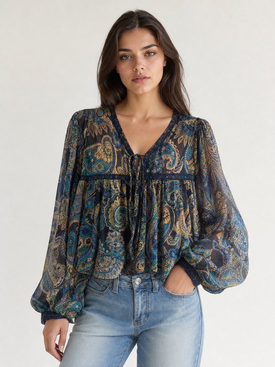 Floral Print Ruffle Blouse by EXCLUSIVES, sheer navy teal paisley top with puff sleeves and tie-neck.