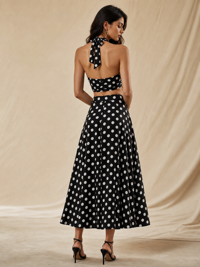 Retro Polka-Dot Halter Top & Midi Skirt Set, black with white polka dots; halter neck tie.