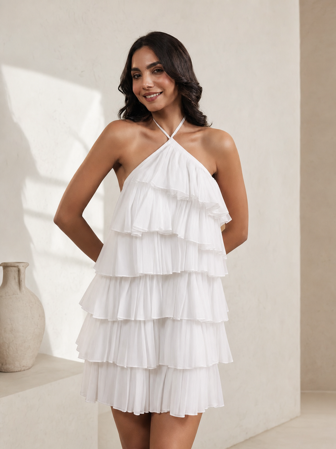 Tiered Ruffle Halter Mini Dress by Exclusives, white dress on sale