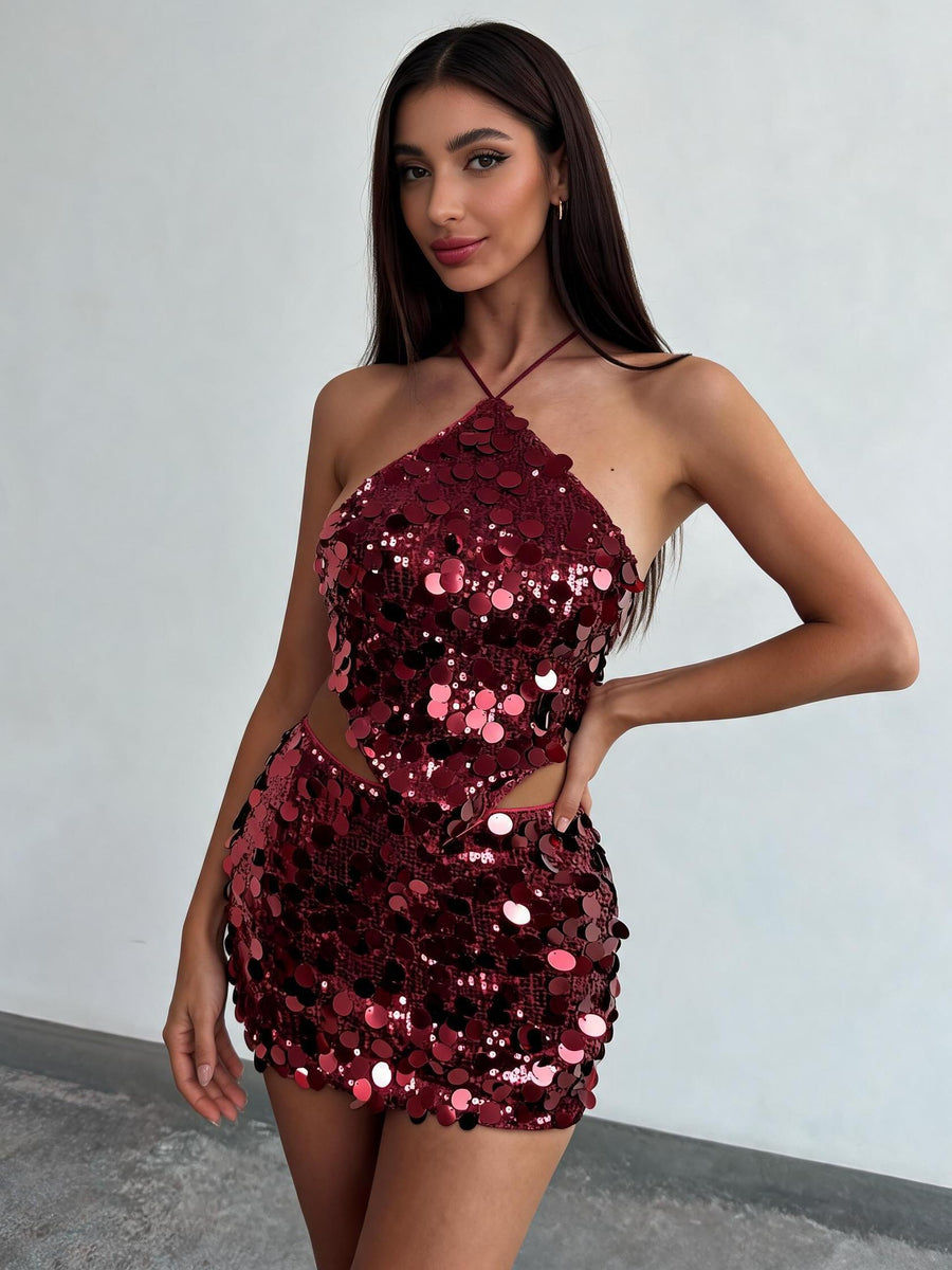 Ruby disco sequin coord set, red halter top with matching sequined mini skirt.