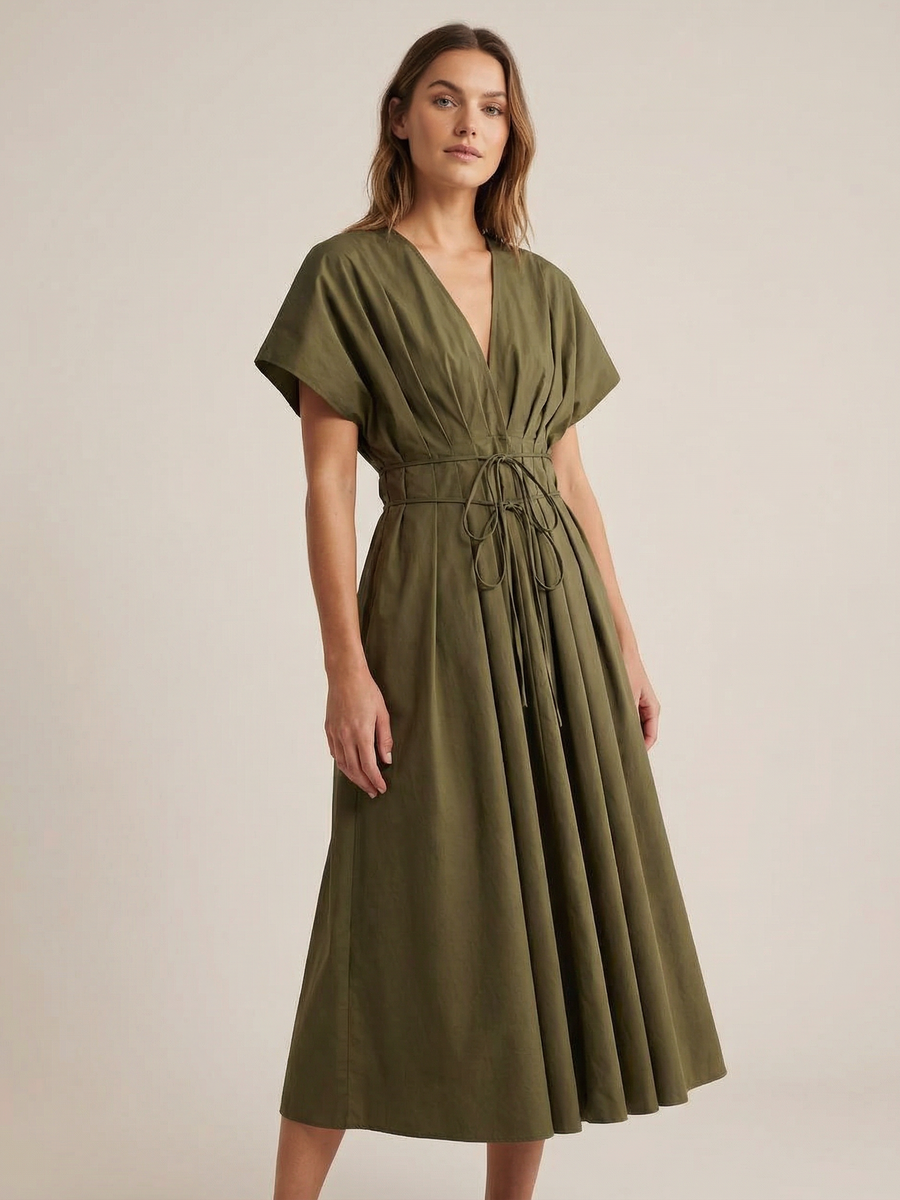 Olive Drawstring Waist Kimono Maxi Dress