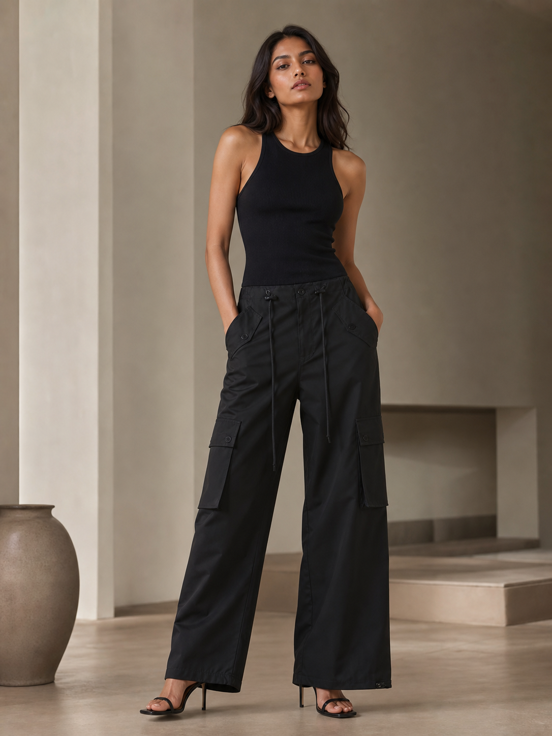 Wide Leg Cargo Pants from Exclusives in black with cargo pockets and drawstring waist