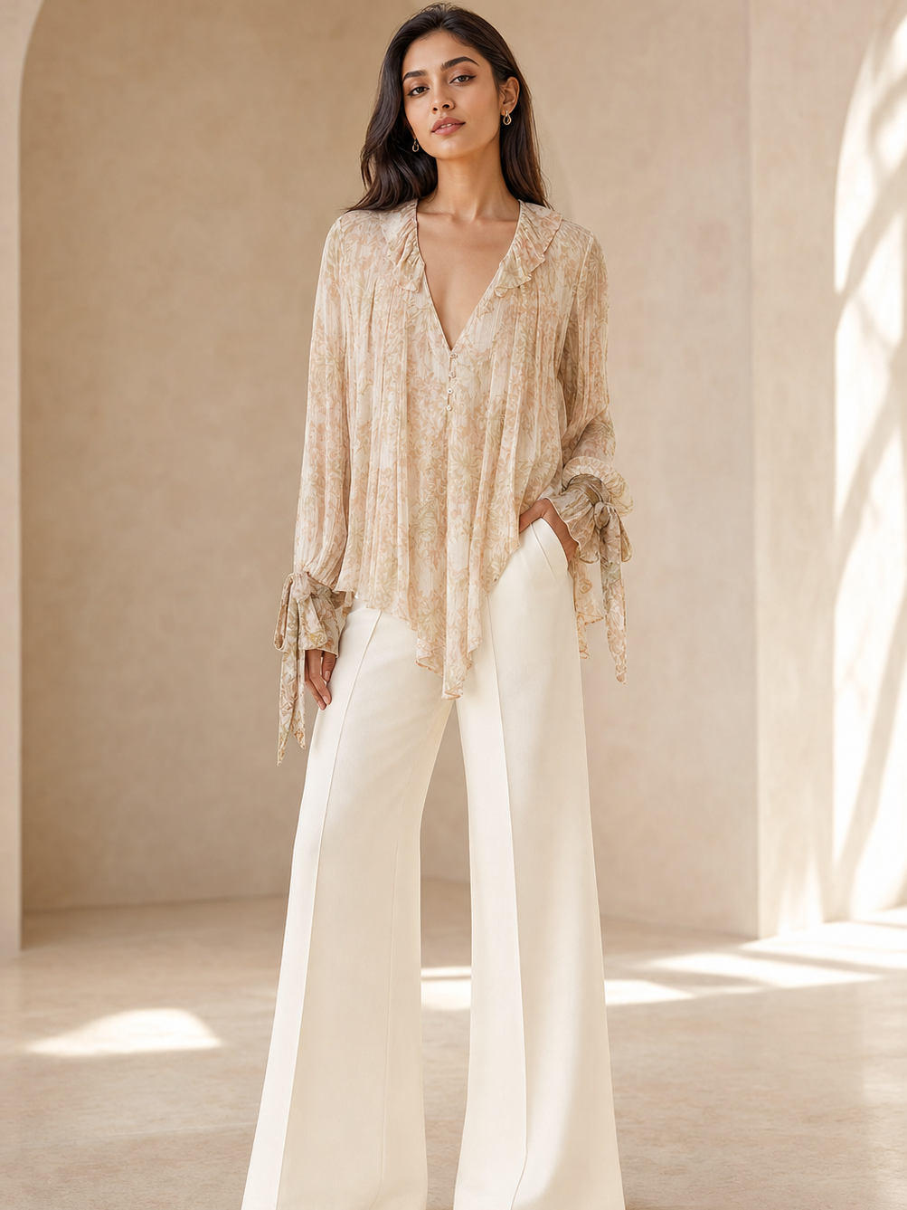 Asymmetric V-Neck Long Sleeve Shirt Top in beige by Exclusives with ruffle collar and bow cuffs