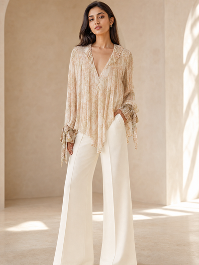 Asymmetric V-Neck Long Sleeve Shirt Top in beige by Exclusives with ruffle collar and bow cuffs