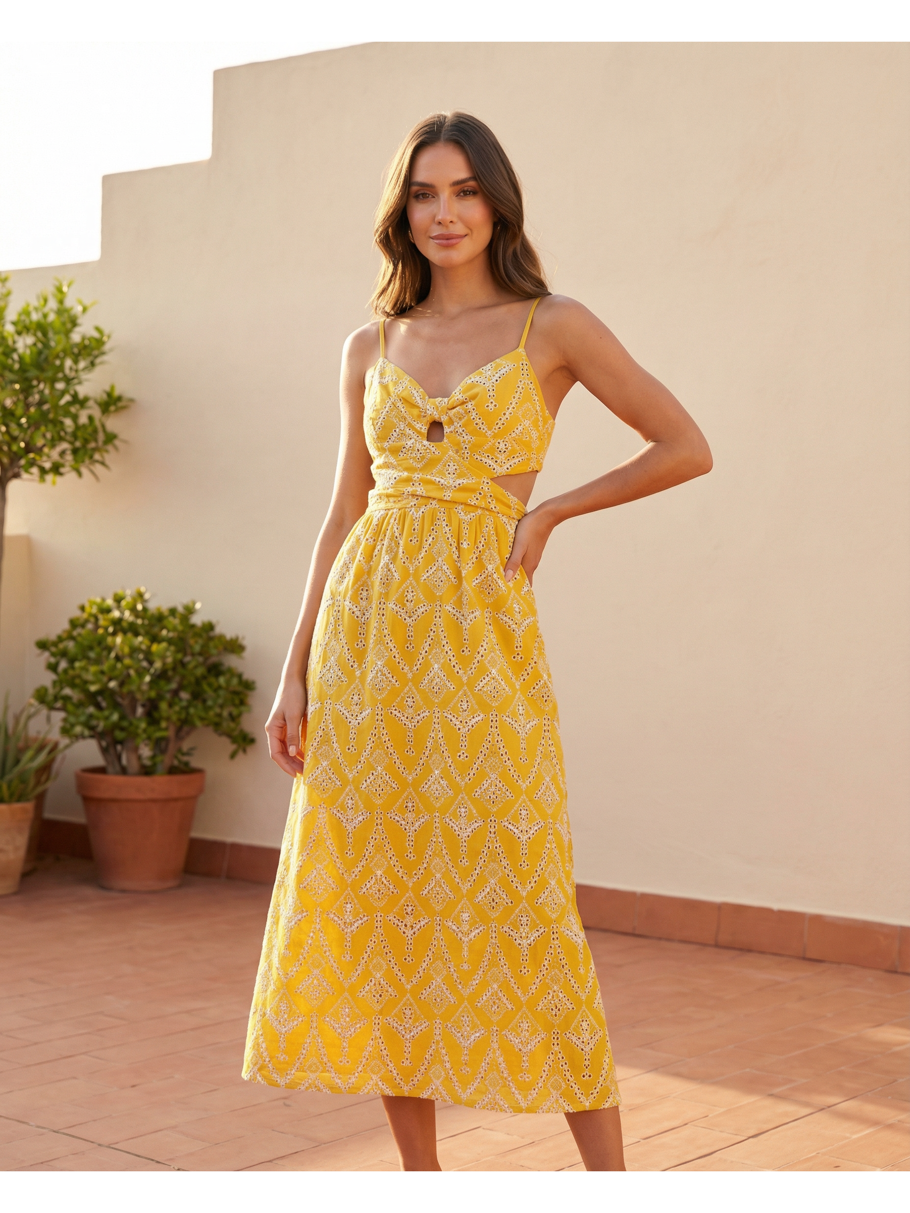 Yellow Printed Cut‑Out Midi Dress