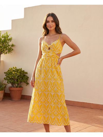 Yellow Printed Cut‑Out Midi Dress