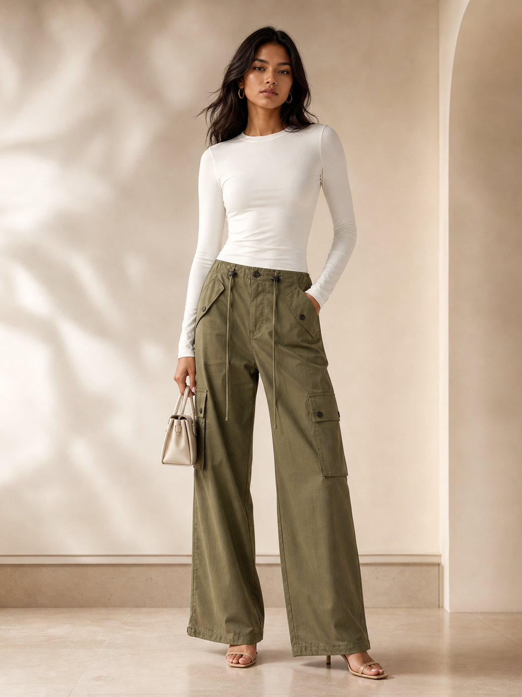 Wide leg cargo pants in olive green with front and thigh pockets and a drawstring waist