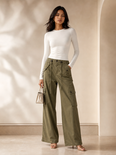 Wide leg cargo pants in olive green with front and thigh pockets and a drawstring waist