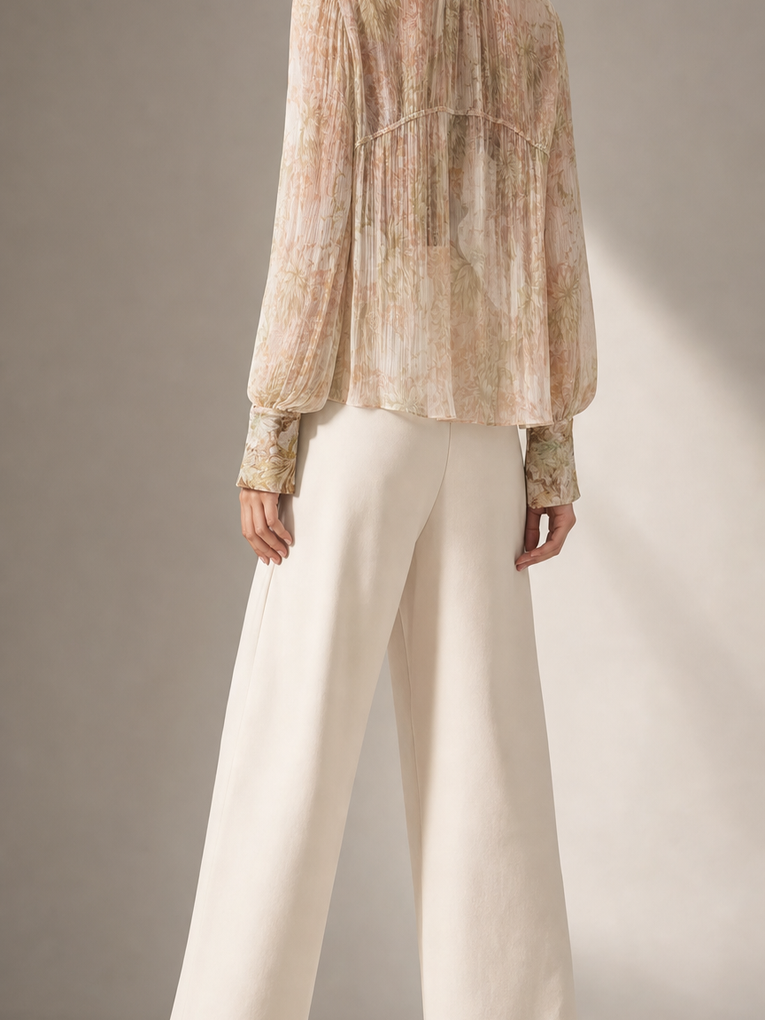 Asymmetric V-Neck Long Sleeve Shirt Top by Exclusives in pale pink floral sheer chiffon