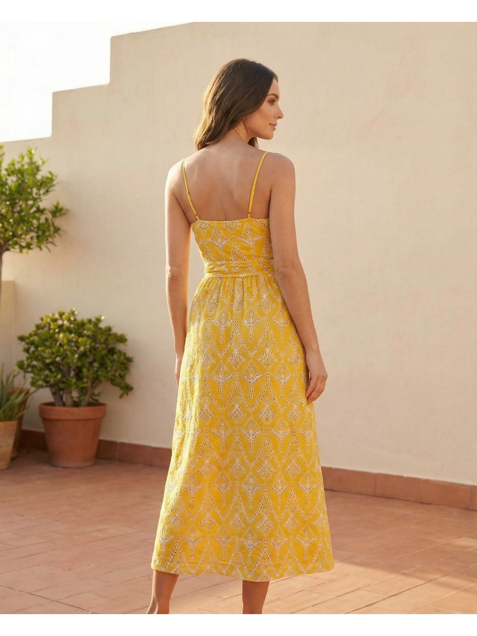 Yellow Printed Cut‑Out Midi Dress