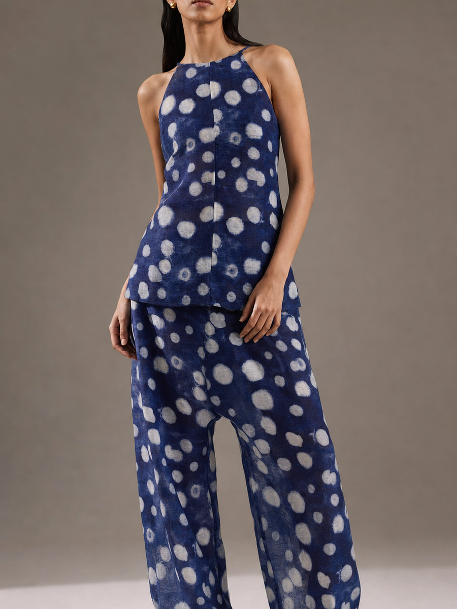 Moonlit Tides Satin Coord Set, navy blue satin with white polka dots, Exclusives outfit set