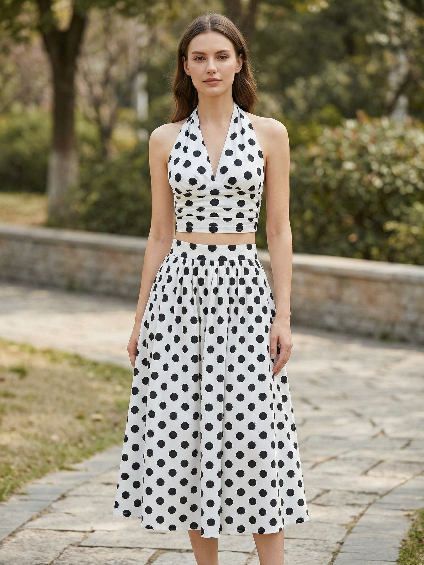 Retro polka-dot halter top & midi skirt set by Exclusives, on sale, white with black dots