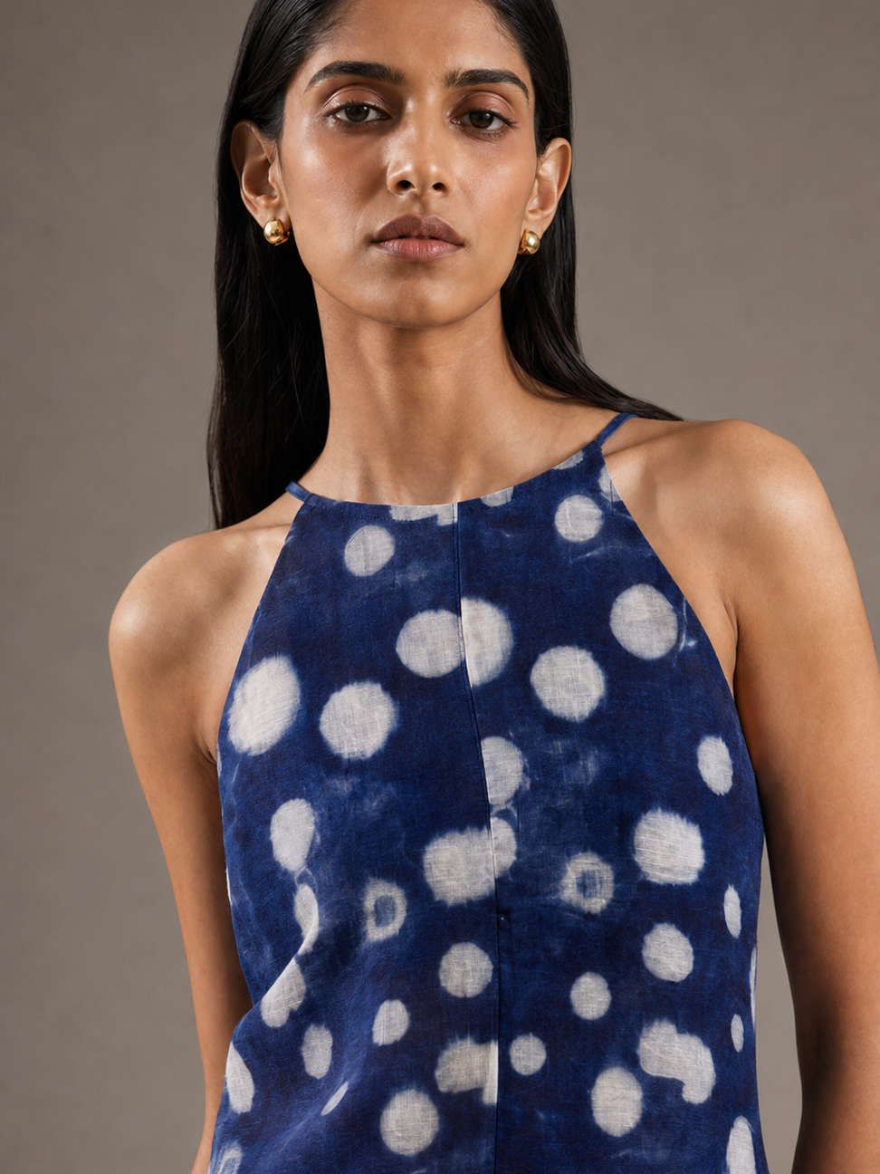 Moonlit Tides satin coord set top in blue with white polka dots, halter neckline